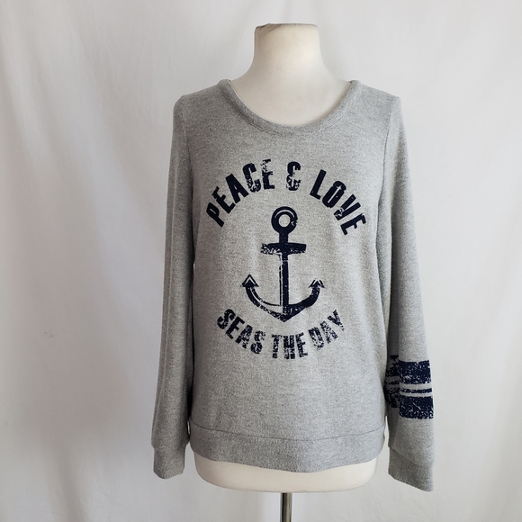 Chaser Sweaters - Chaser Peace & Love Seas the Day Gray Soft Cut Out Pullover Sweater Size Large